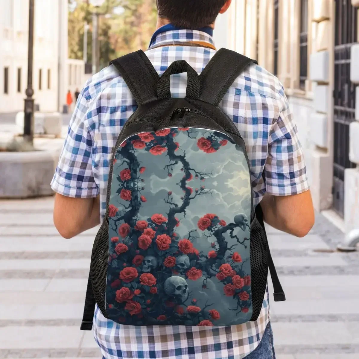 حقائب ظهر مخصصة على شكل جمجمة الهالوين على شكل زهرة الهيكل العظمي للبنين والبنات حقائب سفر مدرسية للكلية للرجال والنساء تناسب كمبيوتر محمول مقاس 15 بوصة #6