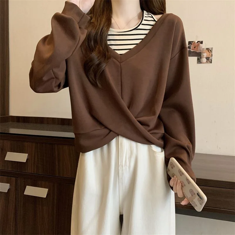 Felpa patchwork irregolare in due pezzi finta Felpa ampia da donna taglie forti Top dimagrante stile corto