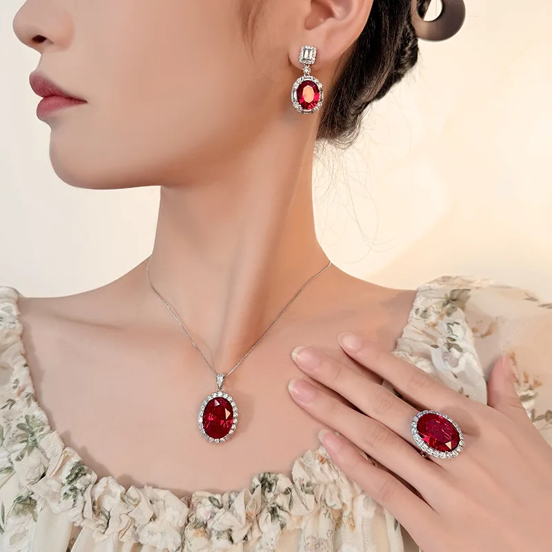 Luxury Oval Created Ruby Jewelry Halo CZ Necklace Drop Earrings Adjustable Open Ring for Women Wedding Party Bridal Gift