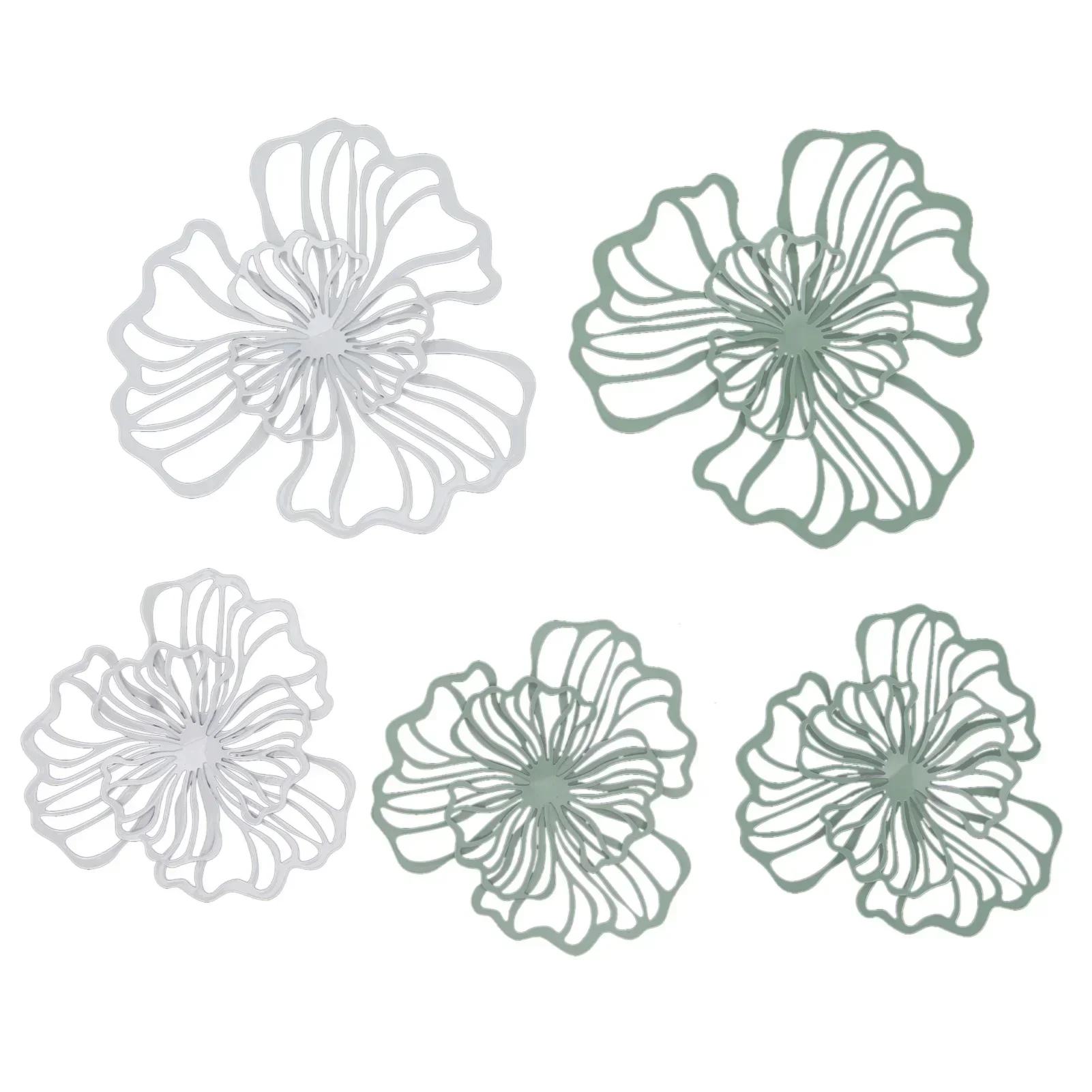 5pcs Metal Flower Wall Decor Iron Wall Art White Green 2 Layer Hollow Hanging Decor For Hoem Wall Living Room Office