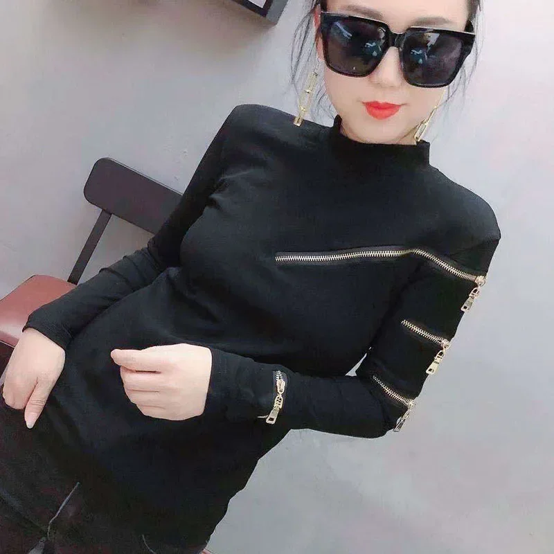 Zipper Deco Women T-shirts Femme Strechy Cotton T-shirts Lady Zipper Pullovers Tp[s