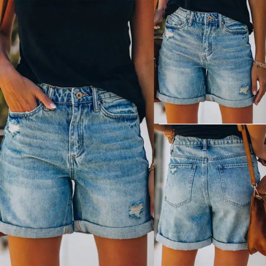 

Light Blue Mid-Rise Distressed Straight Cut Denim Shorts For Women, Casual Summer Wear With Rolled Hem