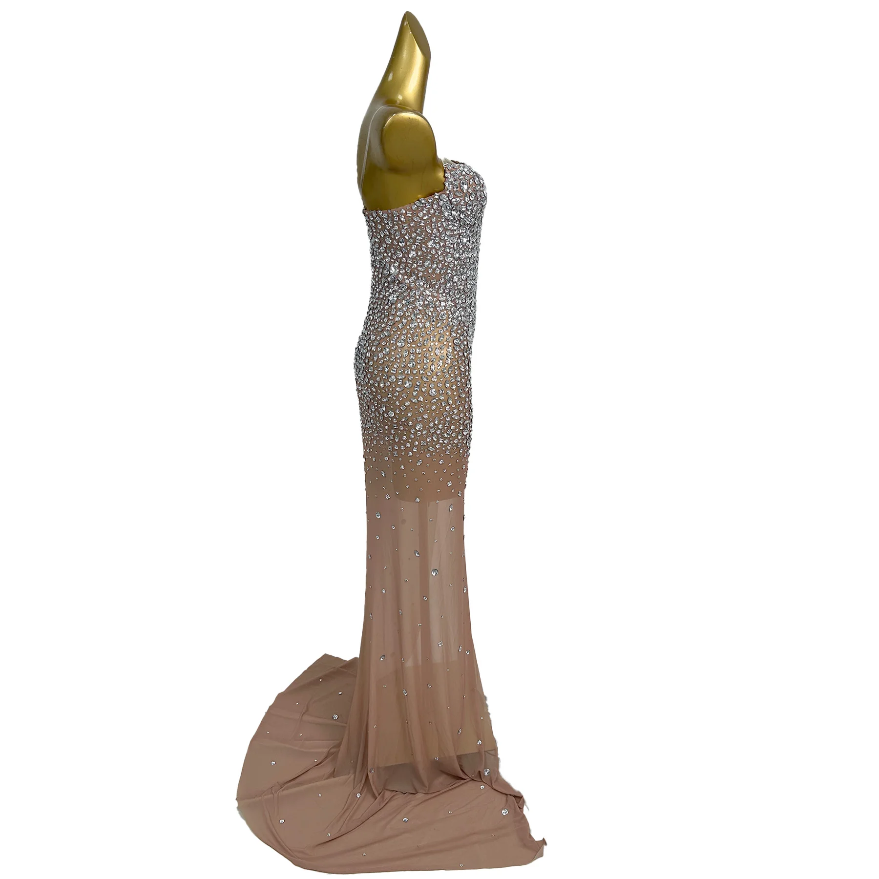 Hainiao Abito da sera da donna di lusso di fascia alta con strass argento Abito da ballo senza spalline in rete sexy Abito da cocktail per cena di nozze