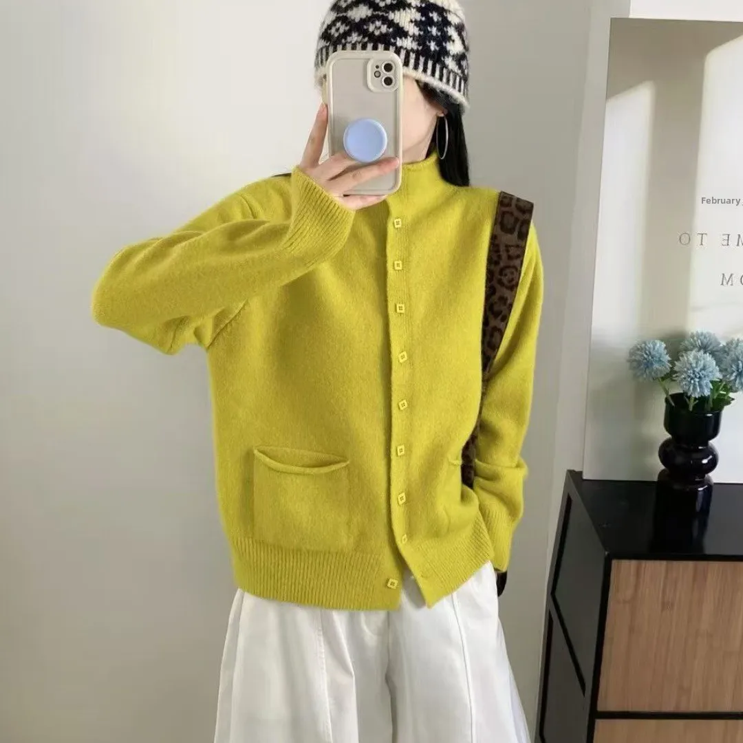 Suéter F de Tricô Casual de Outono, io, com Dois Bolsos, Estilo Solto, Cor Sólida, E, para o Dia a Dia, Mang...