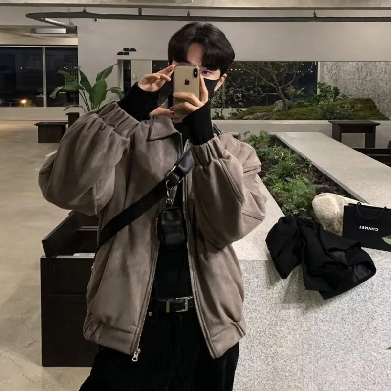 سترة رجالية من جلد الغزال عتيقة عالية الشارع خفيفة الوزن سترة طويلة الأكمام ملابس خارجية ربيع الخريف موضة ملابس الشارع الشهير معطف رجل الملابس #3