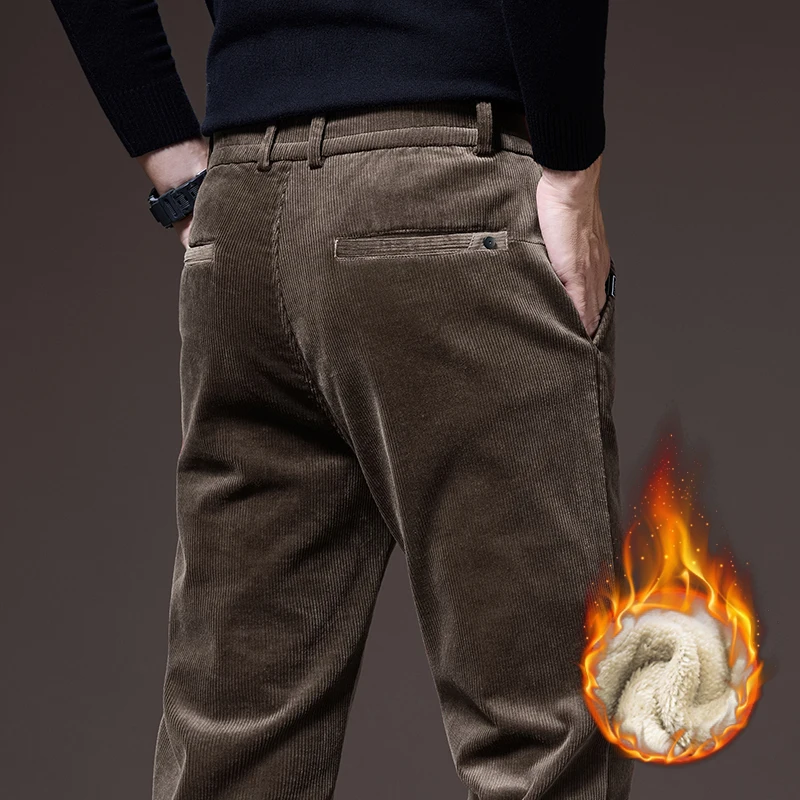 Winter Corduroy Men's Fleece Warm Casual Pants Slim Straight Business Thermal Trousers Fashion Korean Velvet Male Clothing