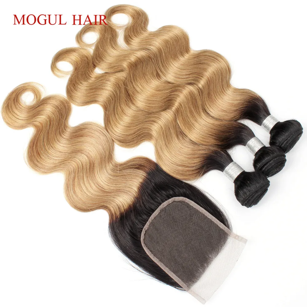 MOGULHAIR-Mèches Body Wave Brésiliennes Naturelles Remy, Blond Miel Ombré, avec Closure, 4x4, Dentelle Transparente 1B 27