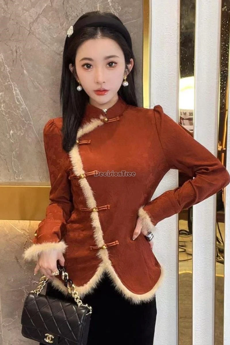 2024 new chinese style plush cotton qipao top fashion design sense lady party versatile top classical temperament graceful top