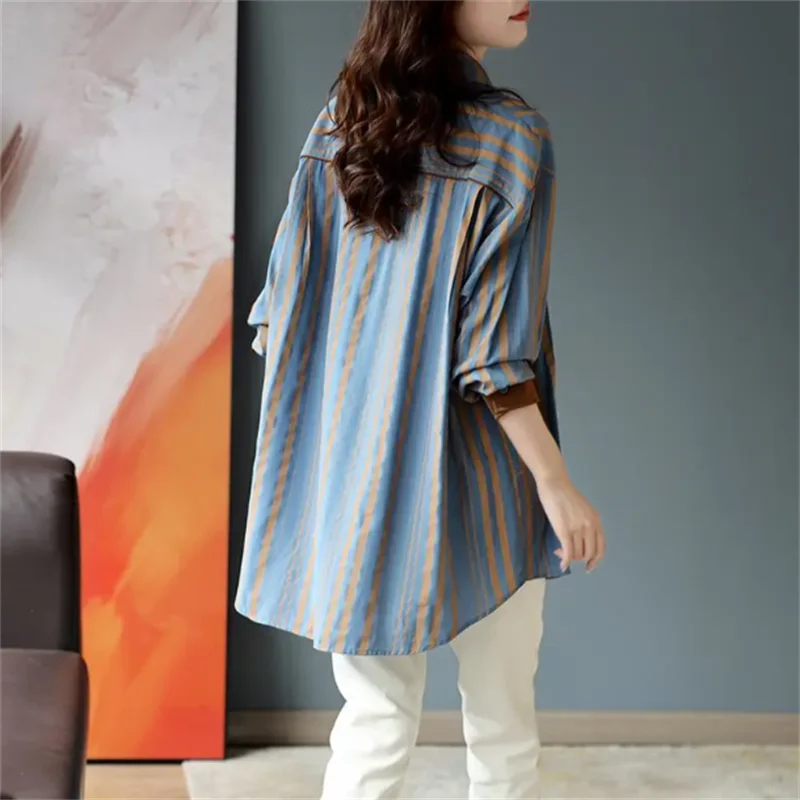 Loose Striped Blouse Cotton Shirt Women Shirts POLO Collar Cardigan Pocket Shirt Outer Tops Spring Autumn Woman Clothes Blous
