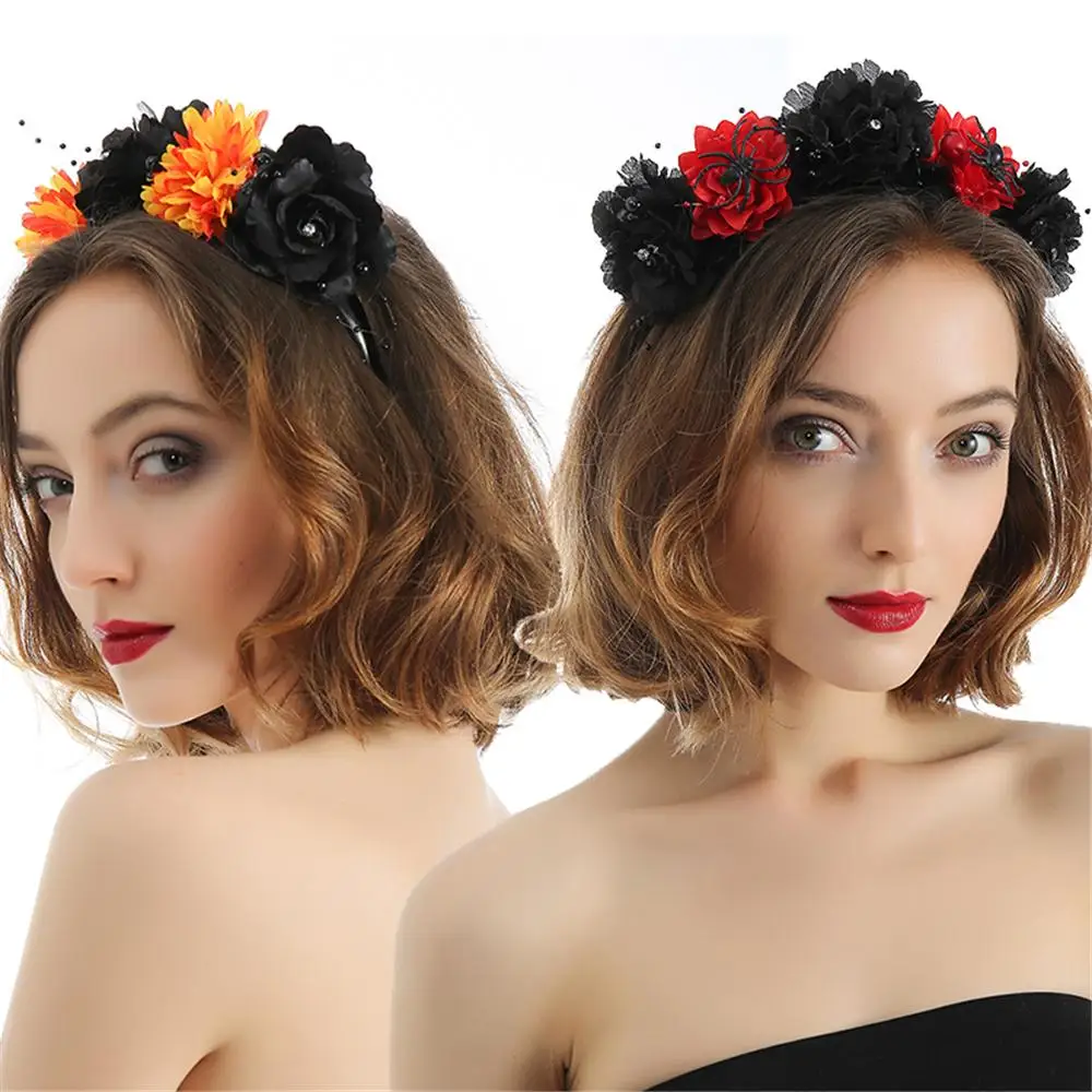 Unique Spider Skull Halloween Headpiece Party Costume Hair Accessories Mexican Rose Flower Crown Flower Headbands for Women