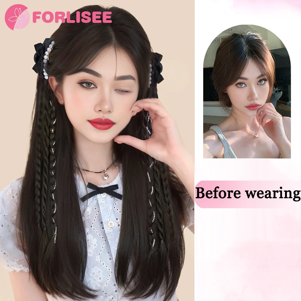 FORLISEE Synthetic Bow Pearl Claw Clip-in Braid Fluffy Gentle Princess Head Natural Double Ponytail Women's Heat-resistant Wig