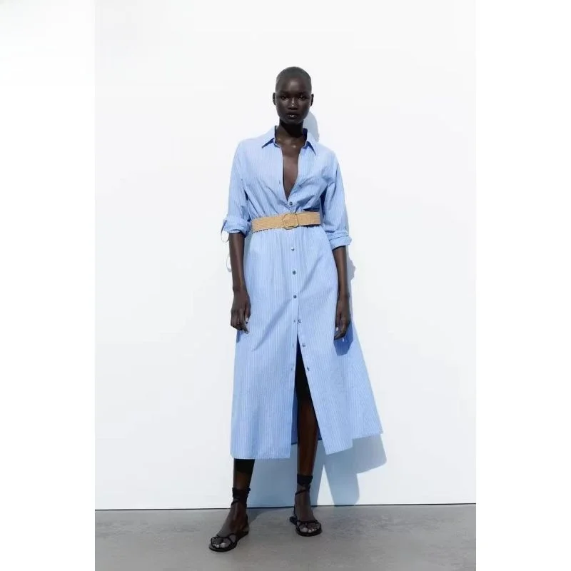 2024年夏新作 レディース イエロー リネン ベルト付き ロング丈 ゆったり ウエストAラインスカート シングルボタン留め インス スタイル