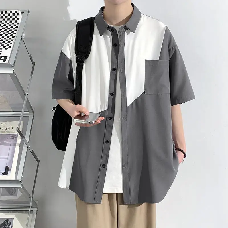 

EBAIHUI Summer Color Block Men's Short Sleeved Shirt Loose Oversized Style New Men's Shirt Simple and Versatile Korean Top