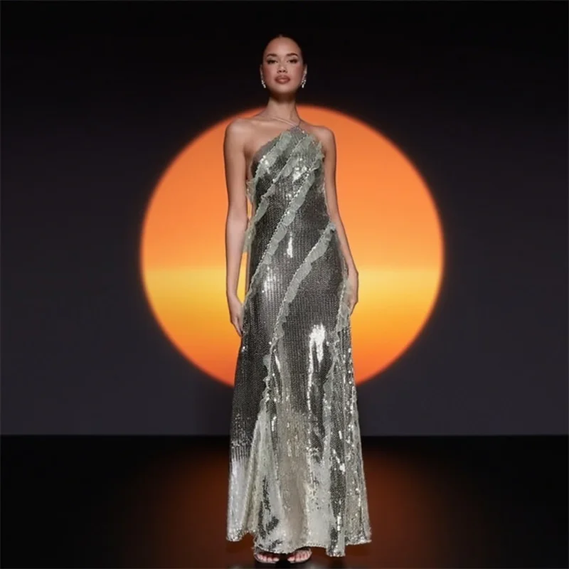 

Glitter Sequins Women's Prom Dress Sexy Halter Sleeveless Long Sheath Robe Party Gown Silver Formal Birthday Red Carpet Skirt