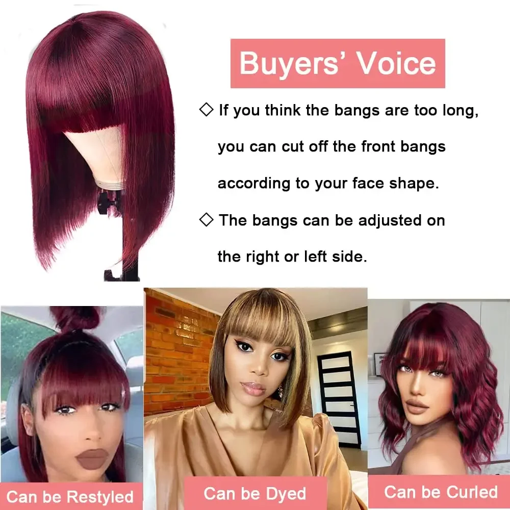 99J Burgundy Straight Bob Human Hair Wigs With Bang Full Machine Made Brazilian Remy Human Hair Short Bob Wigs For Black Woman