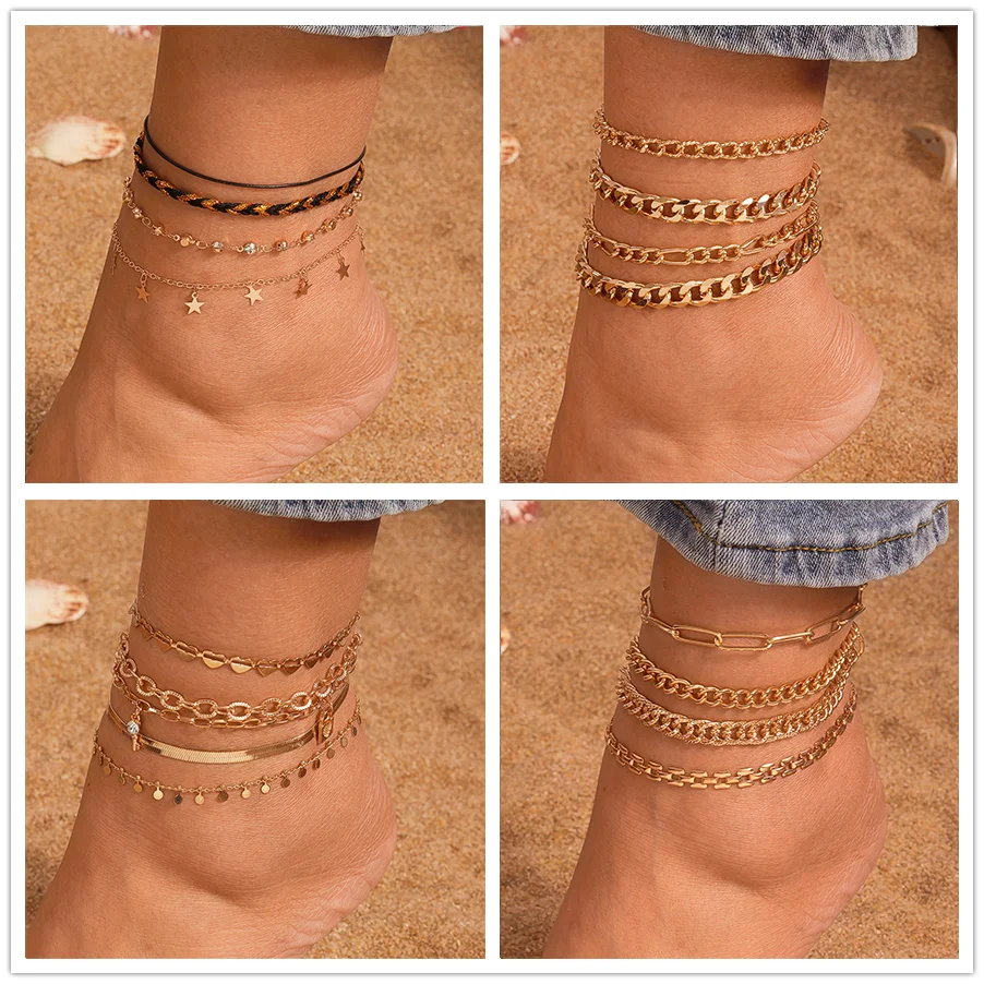 Aihua Summer Beach Gold Color Crystal Star Heart Anklet For Women Multilayer Barefoot Ankle On Leg Bracelet Foot Jewelry