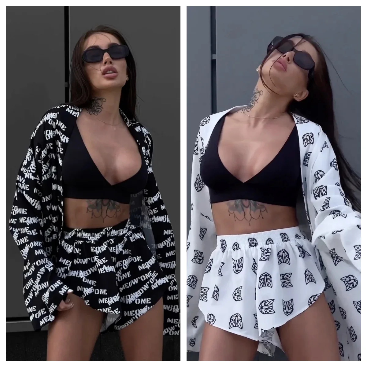 Clacive Fashion Loose Print 2 Piece Sets Womens Outfits Casual Lace-Up Long Sleeve Robes With High Waist Shorts Set Homewear