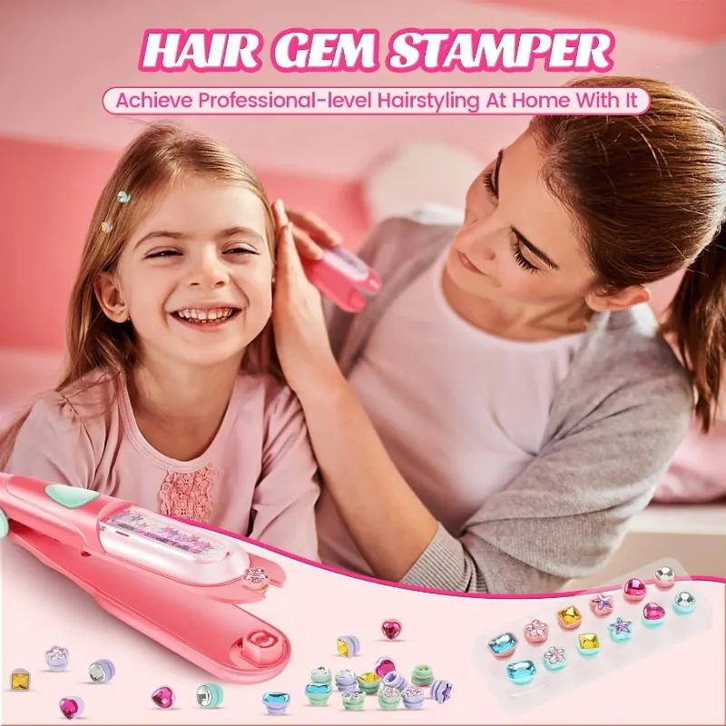 Girls Toys Hair Styling Tool with Reusable Shining Diamonds Pretend Play Toy Gift Hair Gem Stamper Kit Blingling Hair Jewels