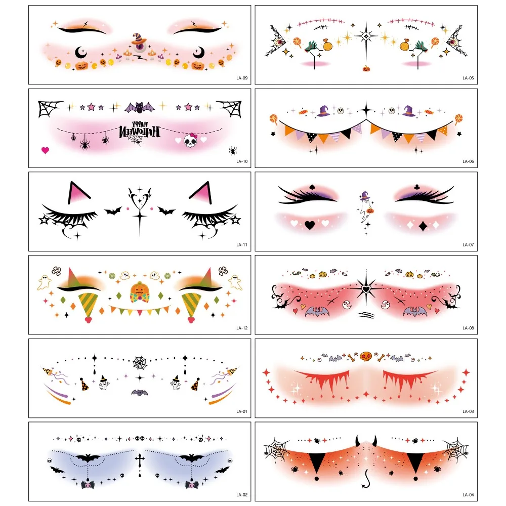 

12pcs Disposable Halloween Face Tattoo Portable Long-acting Cheek Temporary Stickers Waterproof Transparent