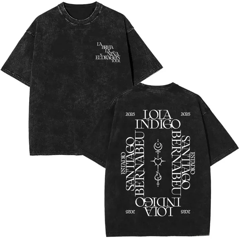 تي شيرت ريترو مغسول لولا إنديجو تور 2025 تي شيرت مريح غير رسمي فضفاض مناسب برقبة دائرية وأكمام قصيرة تي شيرت قطني مطبوع