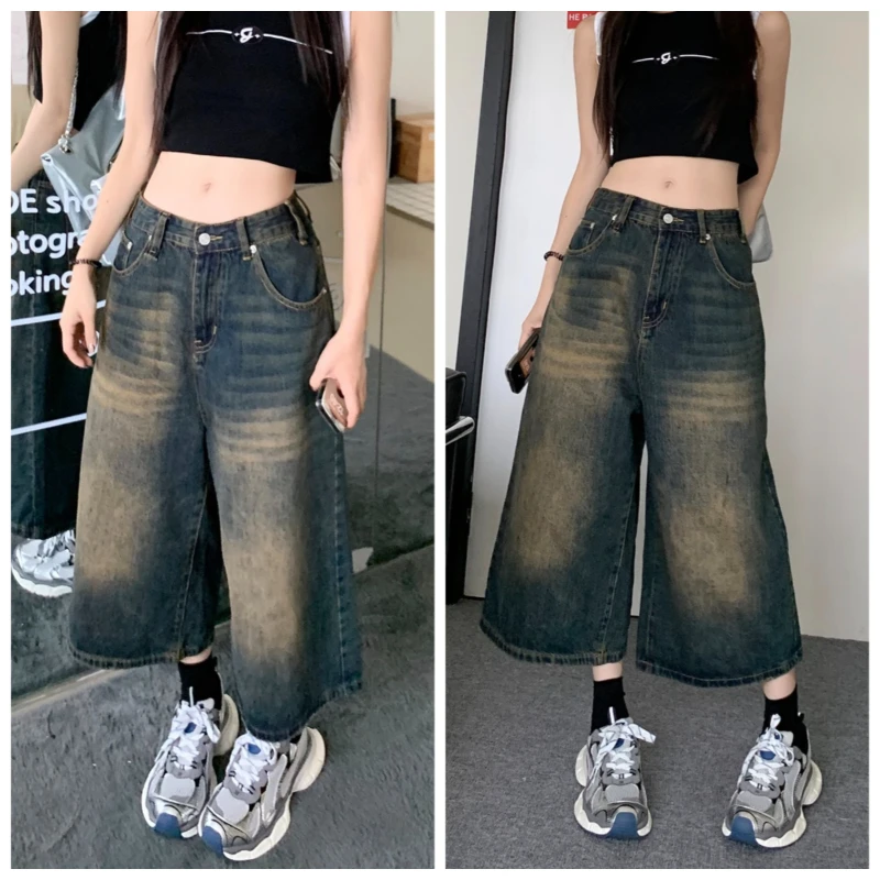2026 New Arrival Hot Y2k Street Fashion Baggy Denim Shorts Ladies Washed High Waist Wide Leg Knee Length Daily Short Jeans