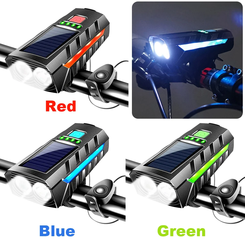 Solar Power LED Bicycle Light with 130db Horn LED Cycling Lantern Power Display High Beam Bicycle Flashlight Bicycle Accessories
