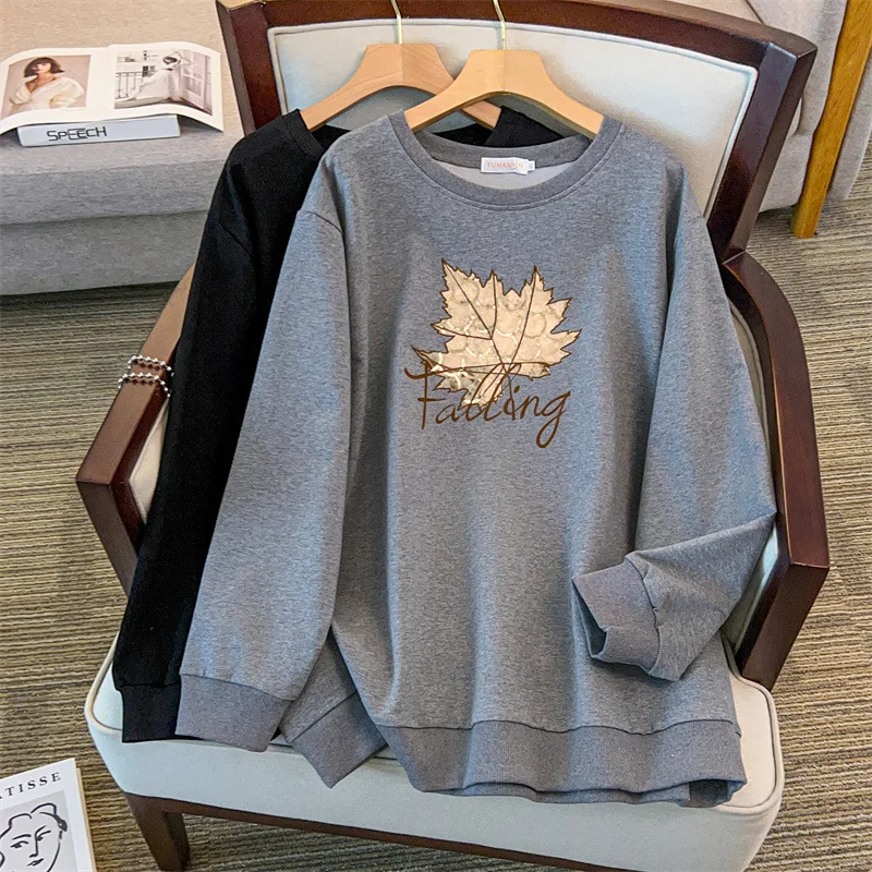 

175Kg Plus Size Women's Bust 170 Autumn Loose Round Neck Long Sleeved Leaf Sweatshirt Black Gray 4XL 5XL 6XL 7XL 8XL 9XL