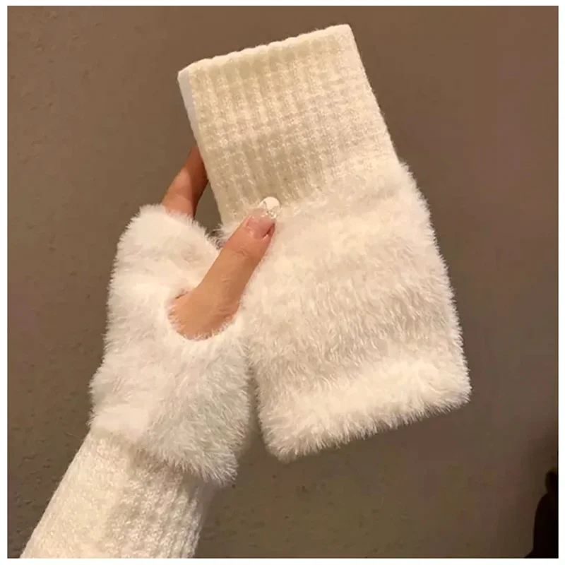 Office And Student Style Cold-Proof Gloves Half-Finger Soft Plush Cute Imitation Mink Fur for Women's Autumn Winter Warm