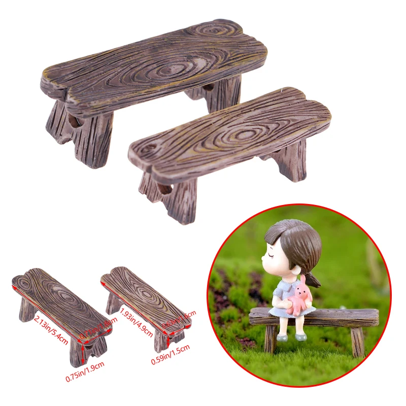 2pcs Mini Wooden Park Bench Chair Succulents Bonsai Ornaments Romantic Resin Love Stool Ornaments Fairy Garden Figurine Dolls