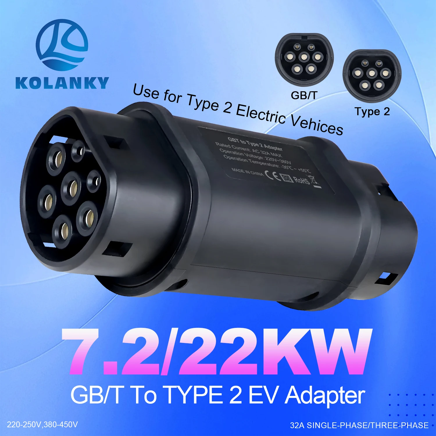 Isigma 32A 7.2kw EV Charger Adapter GBT To Type 2 Conventer Home Charging For EU IEC 62169-2 Electric Vehicle Cars Conventor