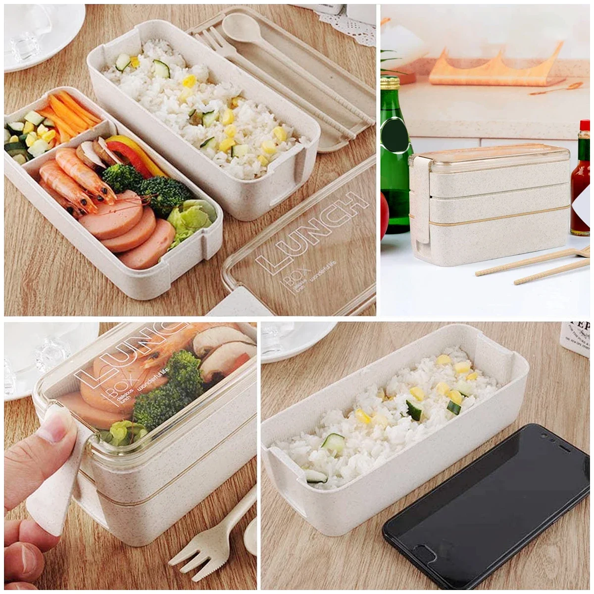 900ml Bento Box for Kids 3 Stackable Lunch Box Leak-proof Portable Lunch Food Container Wheat Straw Food Storage Box Dishwasher