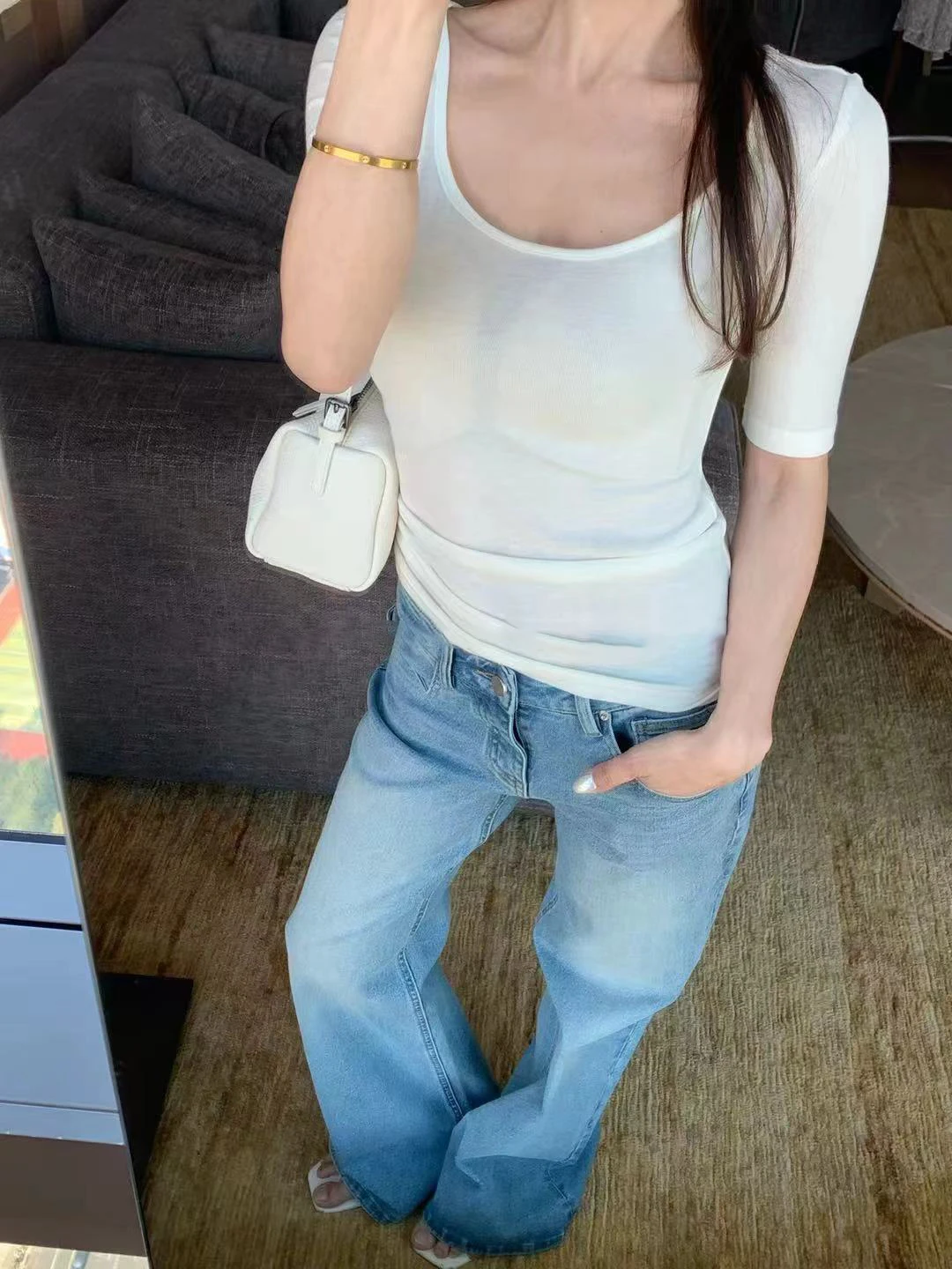 

Удобная женская футболка с коротким рукавом и U-образным вырезом, легкая, дышащая, из шелково-шерстяной смеси, новинка летнего сезона, топ в стиле Pure Desire Sensation