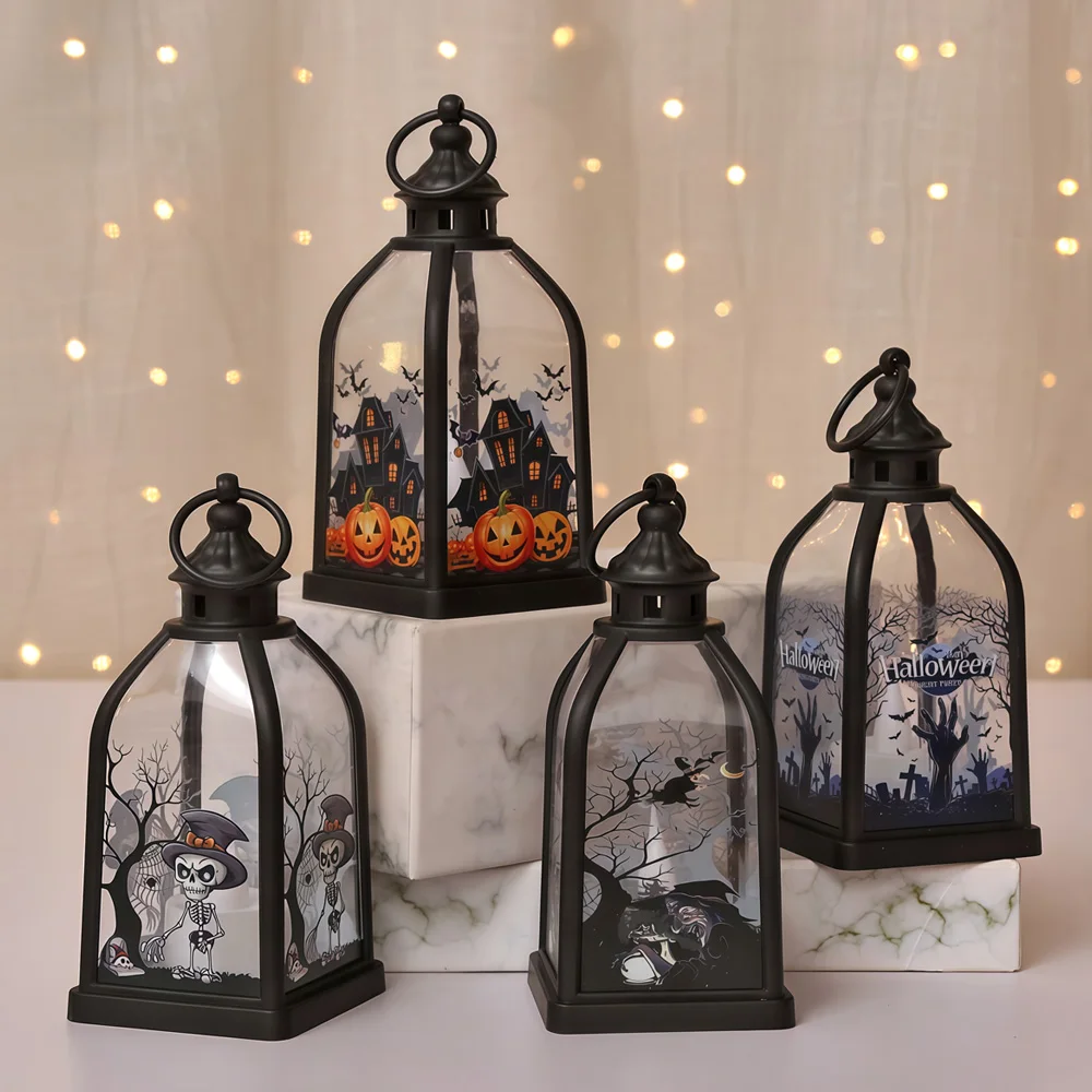 Halloween LED Lantern – Portable Pumpkin & Ghost Light with Flickering Candle | Hanging Decor for Table, Garden, Home & Party