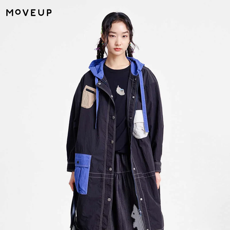 

MOVEUP Women Multi-Pocket Jacket Spring 2026 New Hooded Color Block Snap Button Long Drop-Shoulder Sleeve Jacket 3ELC20716