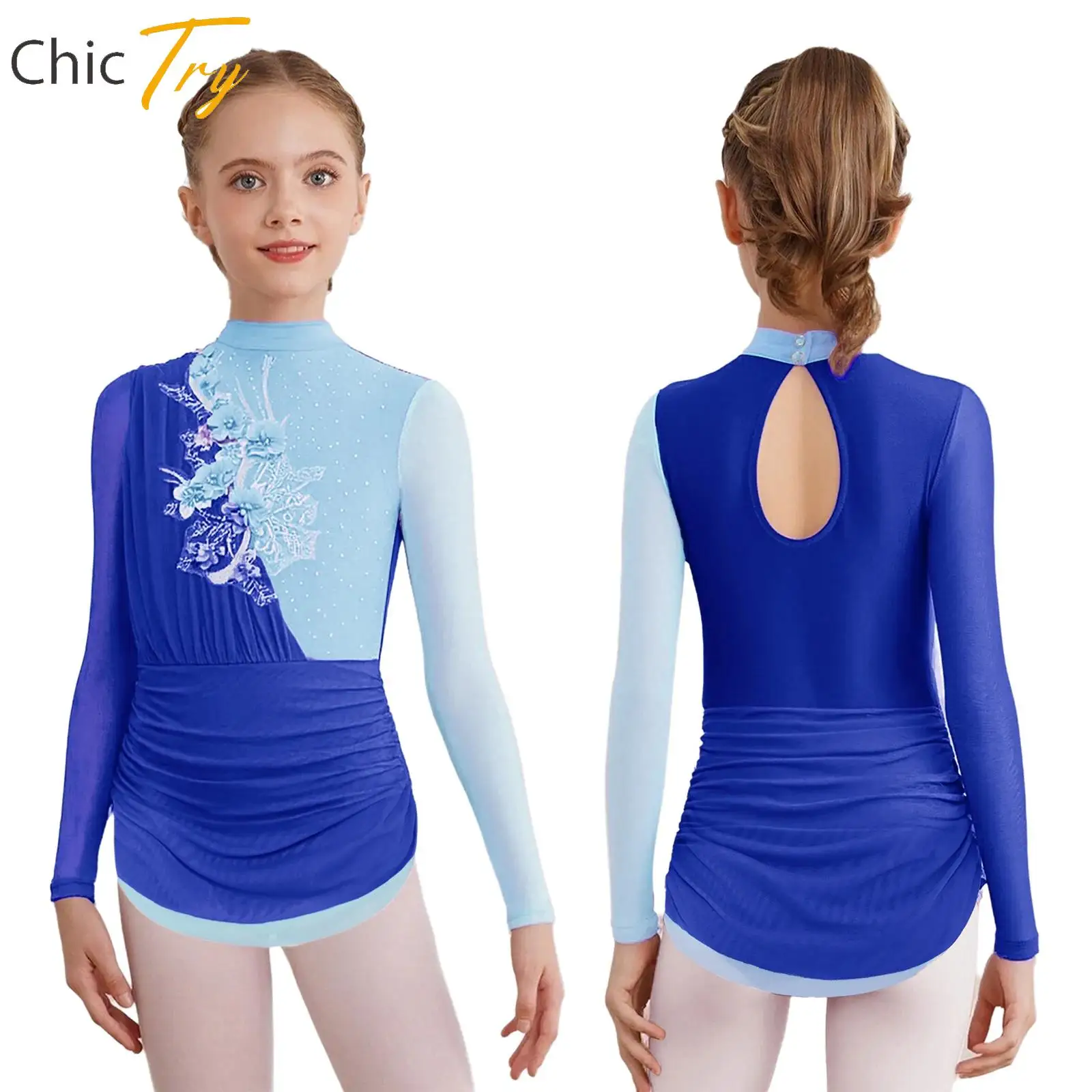 

Girls Figure Ice Skating Dresses Long Sleeve Applique Rhinestones Gymnastics Dress Leotard Lyrical Dance Performance Costume