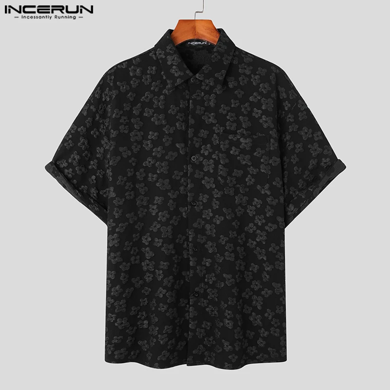 INCERUN Tops 2024 Mens Shirts Flower Jacquard Korean Style Lapel Short Sleeve Clothing Streetwear Loose Fashionable Blouse S-5XL