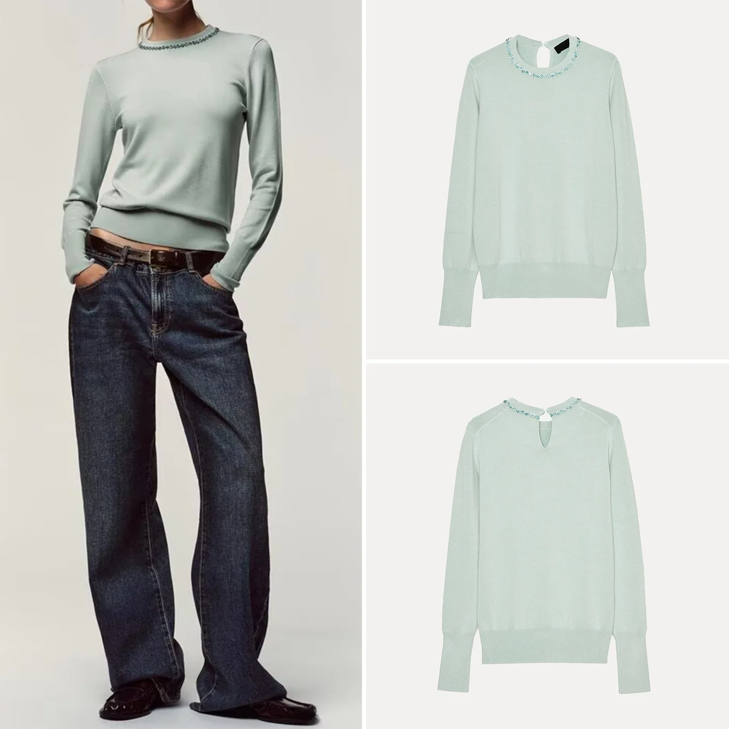 

Повседневный вязаный ювелирный свитер для женщин Ele Sle Long Sve круглый Ne стандартной длины Цвет Z Бренд