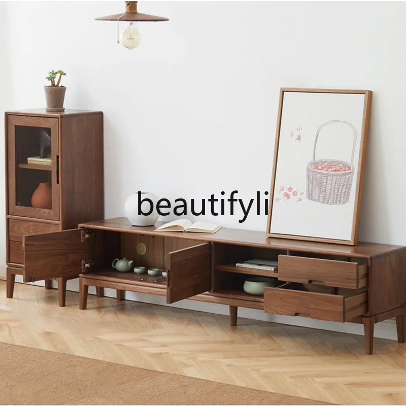 

All Solid Wood TV Cabinet Black Walnut Living Room Small Apartment Retro TV Cabinet Vintage French Style