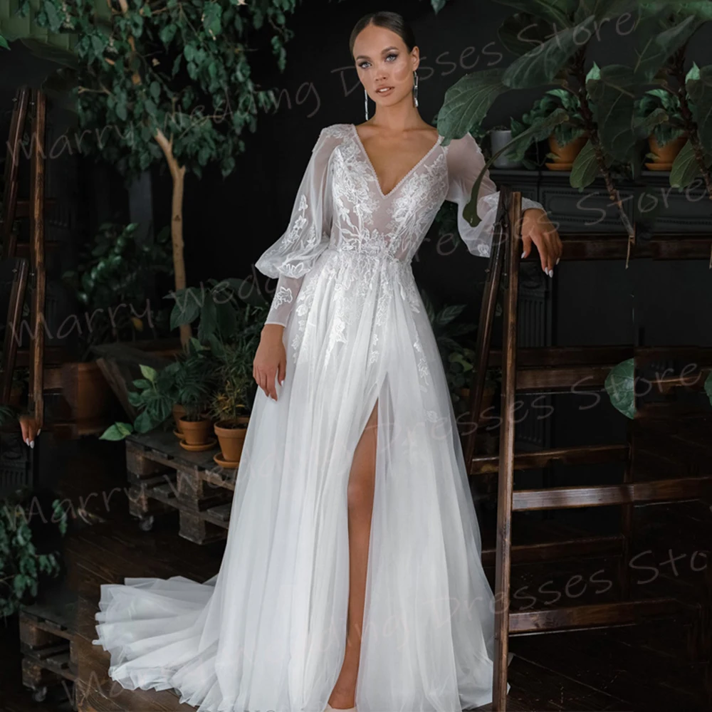 Boho wunderschöne eine Linie Frauen Brautkleider moderne Spitze Applikationen Brautkleider charmante V-Ausschnitt High Split Vestidos Novias Boda