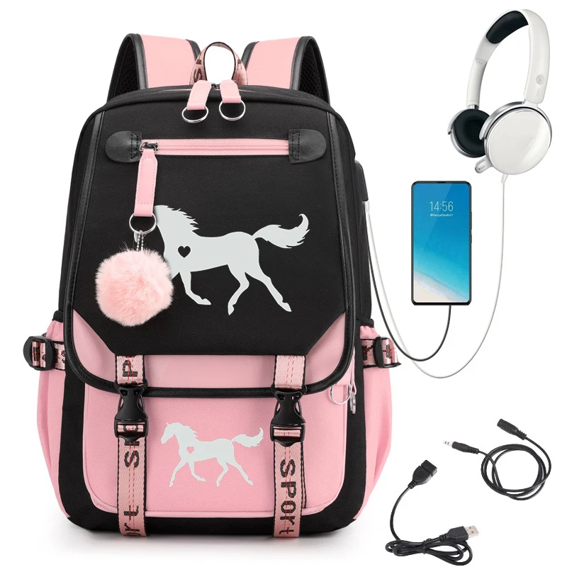 Schoolbag for Girls Large Capacity Student Backpack Cartoon High School Student Backpack Horse Heart Cartoon Bagpack Usb Bookbag