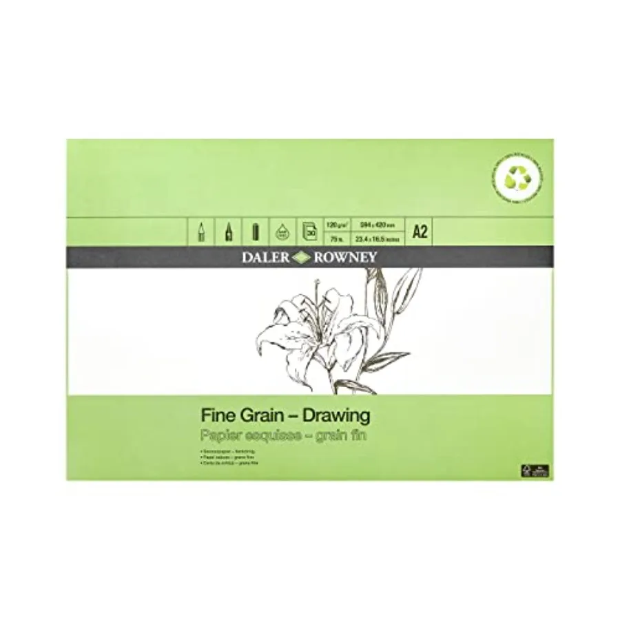 

Daler-Rowney Eco Fine Grain Lightly Textured 120 GSM A2 Drawing Paper Pad Glued 1 Side Acid-Free 30 White Sheets Ideal for Prof