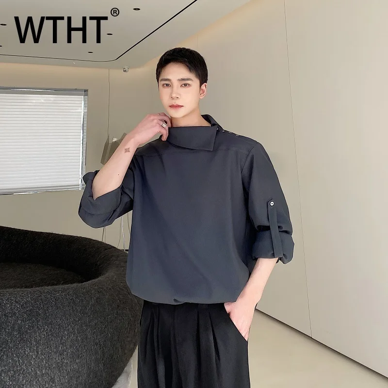 

WTHT Fashion Men's Solid Color Patchwork Button Design T-shirts Trendy Long Sleeves Loose Casual Tops Male 2025 Autumn 2A1941