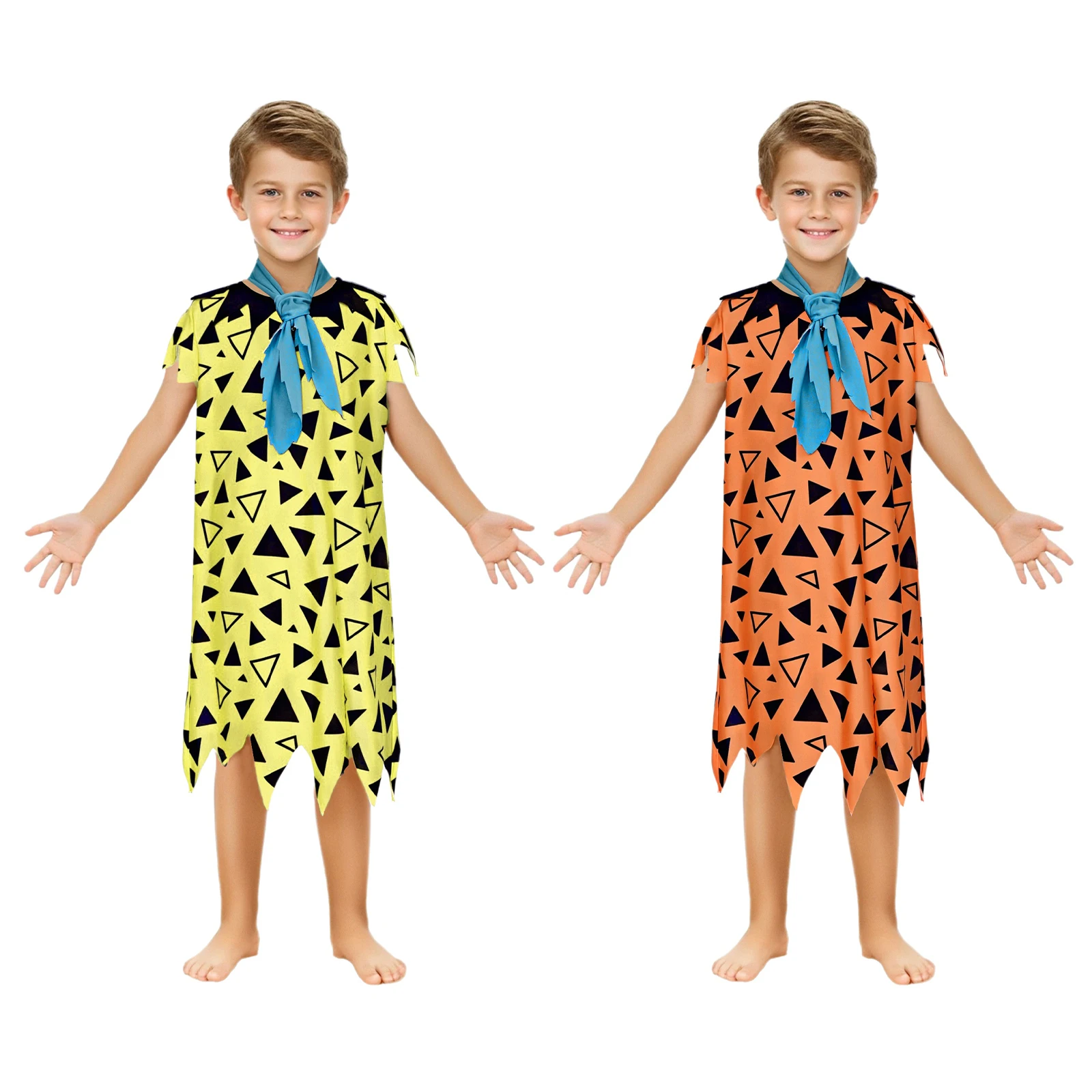 

Children Stone Age Caveman Hominid Tribe Cosplay Costume Short Sleeve Print Jagged Hem Dress with Tie for Halloween Theme Party