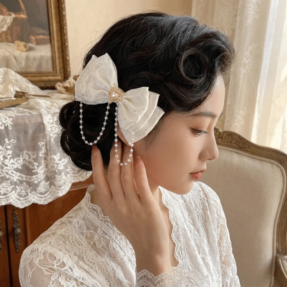 Floral Organza Tulle Bow Hair Clips Heart Pearl Tassel Chain Duckbill Clips Sheer Mesh Rhinestone Princess Barrettes Party
