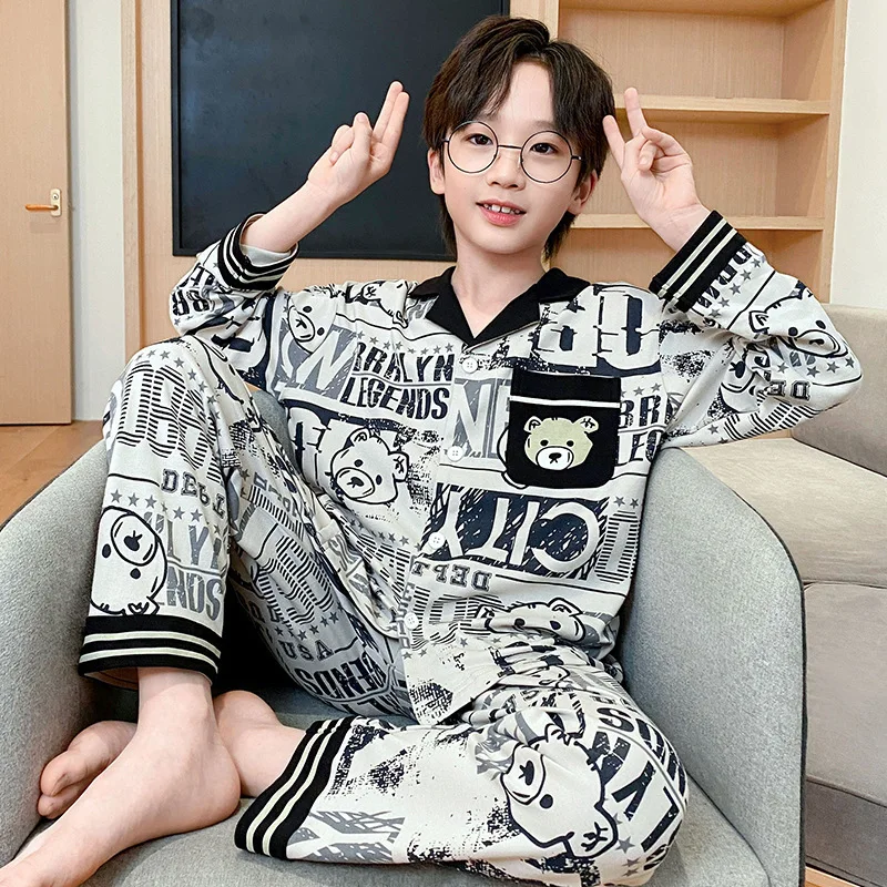 

Kawaii Cartoon Spring Autumn Knitted Fabric Long Sleeve Turn-Down Collar Cardigan Pants Sweet Girl Home Clothes Set Sleepwear
