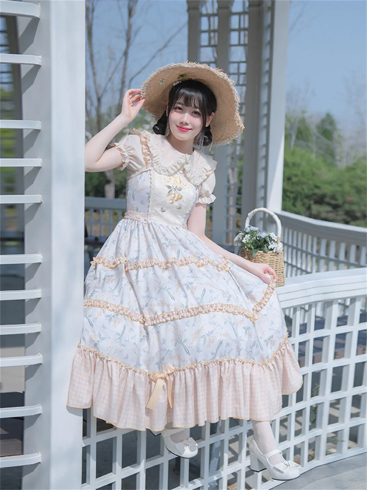 

Withpuji Original French Vintage Idyllic Style Cosplay Sweet Girls Jsk Lolita Embroidery Cherry Butterfly Grid Ruffle Dress