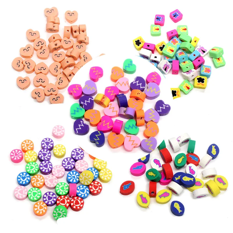 

50pcs Flower Heart Star Colorful Polymer Clay Spacer Beads For Jewelry Making DIY Bracelet Keychain Accessories