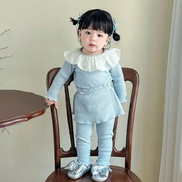 Baby Spring Autumn Pit Strips Lotus Leaf Collar Long Sleeve Top Skirt and Pants Two Piece Set Girls Baby Elegant Sweet Set