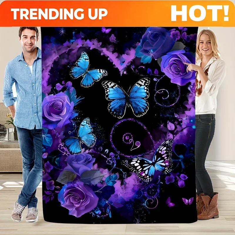 Custom Vintage-Inspired Soft & Warm Plush Blanket With Purple Roses, Heart Garland & Blue Butterfly - Perfect For Living Room, B