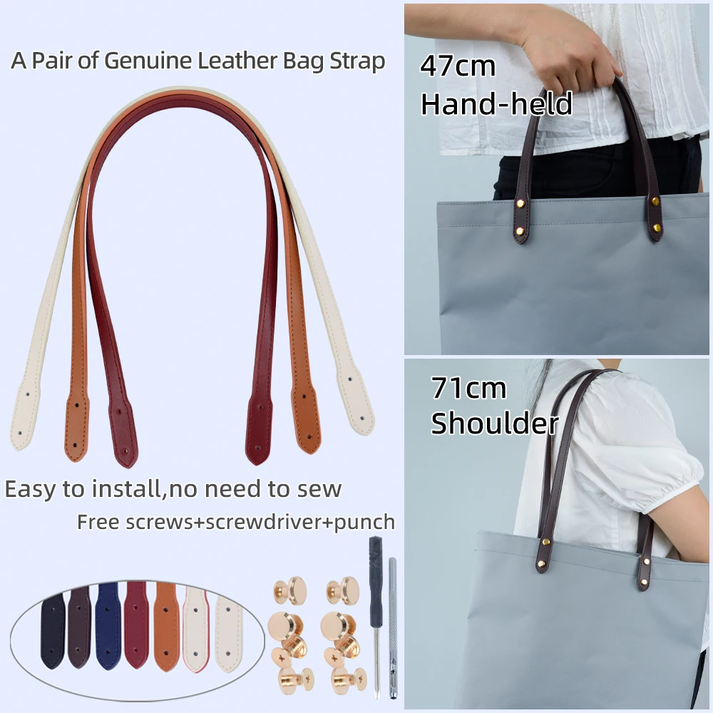 

New 1 pair of genuine leather no-sew bag straps cowhide handles replacement with metal screws for underarm single shoulder